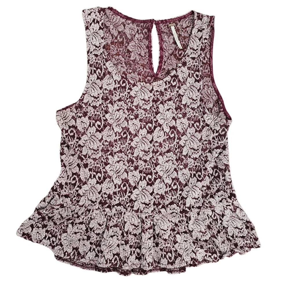 Free People Victorian Fairy Burgundy Embroidered Lace Peplum Boho‎ Blouse XS